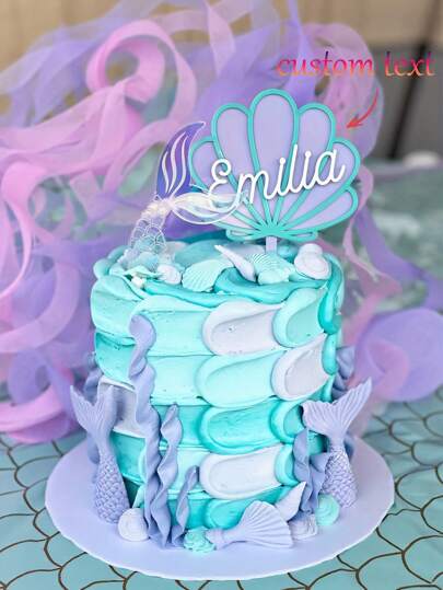 1 Stück personalisierte Geburtstagstorte Cake Topper, individualisierter Name LOGG Party Torte Dekoration, individuelle Muschel Acryl Cake Topper, geeignet für Hochzeitstorten, Jahrestorgten, Meerjungfrau Geburtstagstorten, Meerjungfrau Thema, Mehrzweck, schimmelresistent, zarte Dekoration