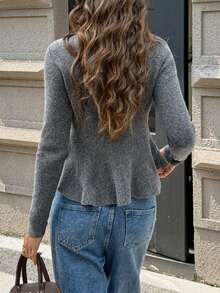 FOR BEAUTY 女士灰色圆领长袖收腰毛衣，新款休闲通勤开衫，时尚优雅简约外套，套头衫，新年必备 - 灰色 - 查看 4