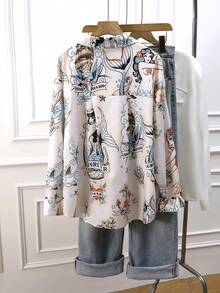 قميص كاجوال طويل الأكمام مطبوع بطبعة الحورية للمقاسات الكبيرة