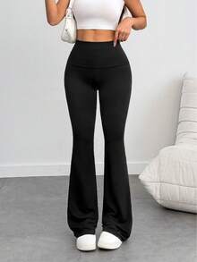 Women's 3-Piece Casual Solid Color Wide-Waist Flare Pants, Leggings Fold-Over Waist High Waist Ruched Slim Fit,Outdoor Clothing Fall Outfits For Women - 黑灰藏藍 - 查看 10
