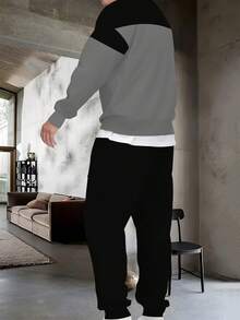 Conjunto de sudadera y pantalón de chándal casual de hombre en patchwork negro y gris, sudadera y pantalón de chándal de moda, versátil para uso al aire libre, diario, deportivo y de ocio, 100% poliéster