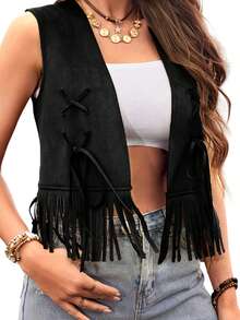 Women Vest, Sleeveless Open Front Tasseled Solid Outwear Gilet For Casual Street - 黑色 - 查看 6