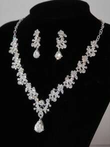 3Pcs/Set Fashion Luxury Bridal Rhinestone Necklace Earrings Set Decoration , Elegant Style Full Diamond V-Neck Teardrop Pendant Set , Ladies Engagement Wedding Jewellery Gift - 套裝 - 查看 2