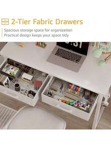 32 Inch Small Desk With Fabric Drawers – Vanity Table With Storage Drawer & Bag. Writing Desk For Bedroom/Study, Small Spaces - 白色 - 查看 6