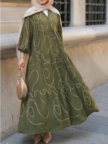 Elegant Print Robe, Viscose-Like Soft, Suitable For Daily Wear And Festivals - Army Green - View 2