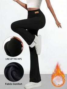 Women High Waist Thermal Flared Leggings Seamless Elastic Waist Slimming Lift Buttocks Wide Leg Pants Gym Yoga Pilates Winter Clothes Casual Pants Tracksuit Set Women,Fleece - Black - View 7