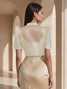 蝴蝶袖菲律賓風女款夏季時尚優雅拼接泡泡短袖開襟短版外套 - 香檳色 - 查看 2