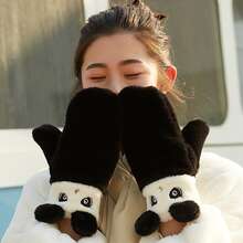 Women Winter Mittens With String Cute Rabbit/Panda Fleece Gloves Plush Warm Mittens For Cold Weather - Black - View 3