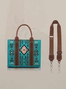 2pcs/Set Bohemian Vintage Women Handbag & Crossbody Shoulder Tote Bag With Wallet - Màu ngọc lam - Xem 4