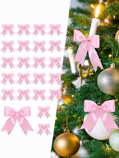 24 Pcs Pink Satin Ribbon Bows Christmas Tree Decorations, Christmas Wreath Bow Topper For Xmas Gift Packaging Home Wreath Fence Fireplace Wedding Party Decor,Perfect For Artistic Wreath Decor And Stunning Holiday Decorations Ornament