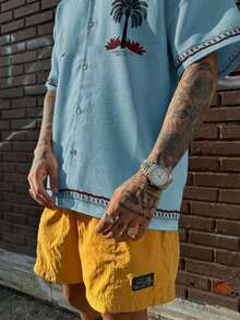 2025 Spring/Summer Men's Coconut Tree Pattern Fashionable Short Sleeve Shirt - Blue - View 4