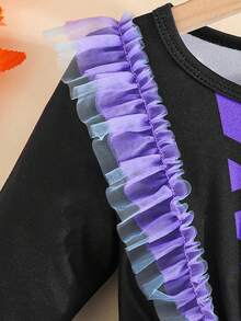 Little Toddler Girl Halloween Dress Bat Print Ruffled Trim Crew Neck Long Sleeve A Line Irregular Hem Mesh Dress - 紫色 - 查看 6