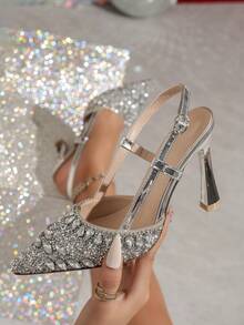 优雅女士高跟凉鞋，时尚休闲，舒适高跟凉鞋，带导轨鞋跟垫，适合户外活动，纯色亮面玻璃鞋跟，时尚休闲户外首选女士高跟鞋，户外派对纯色性感基本款优雅派对婚礼迷人 TPU 热压细高跟沙滩度假婚礼派对户外四季 - 銀色 - 查看 3