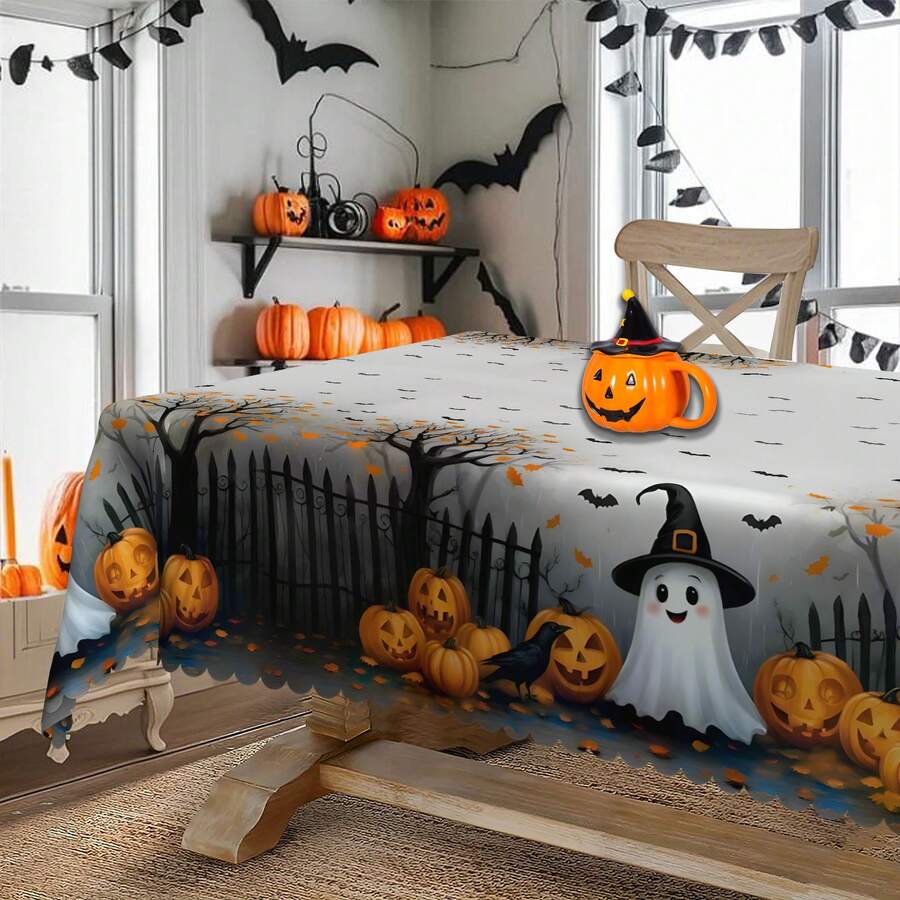 1 件万圣节桌布，南瓜、猫、鬼、蝙蝠，复古风格，圆形和矩形桌布，适合万圣节装饰、秋季装饰、农舍装饰，适合室内外日常聚会、午餐和晚餐使用