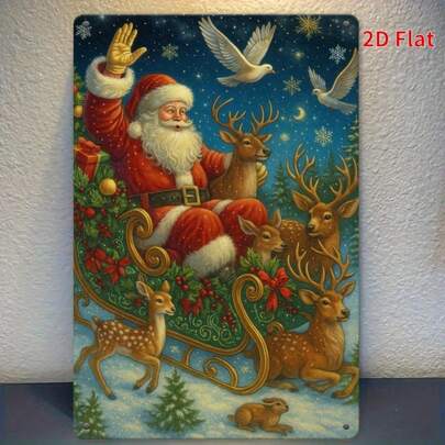 2D Flat, Vintage Santa Claus And Deer Metal Wall Art - 12" X 8" Holiday Christmas Decor With Snowy Forest Scene, Perfect For Home, Living Room, Garage Or Kitchen, Christmas Decoration, Best For Christmas