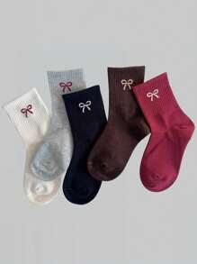 5双儿童秋冬圆领袜。蝴蝶结袜，女婴袜，青少年袜，女童袜 - 彩色 - 查看 1