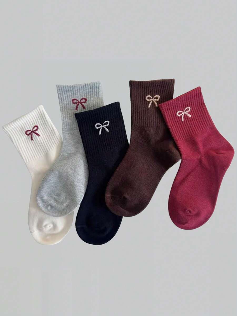 5双儿童秋冬圆领袜。蝴蝶结袜，女婴袜，青少年袜，女童袜 - 彩色 - 查看 1