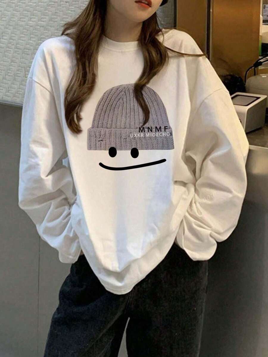 女士宽松卡通印花长袖棉质T恤，百搭春秋装
