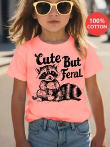 1pc ' Cute Raccoon & Milk Tea Graphic Cotton T-Shirt - "Cute But Feral" Letter Print, Short Sleeve, Round Neck, Casual Summer Top For, Playful Clothing | Fun Fashion | Breathable Fabric