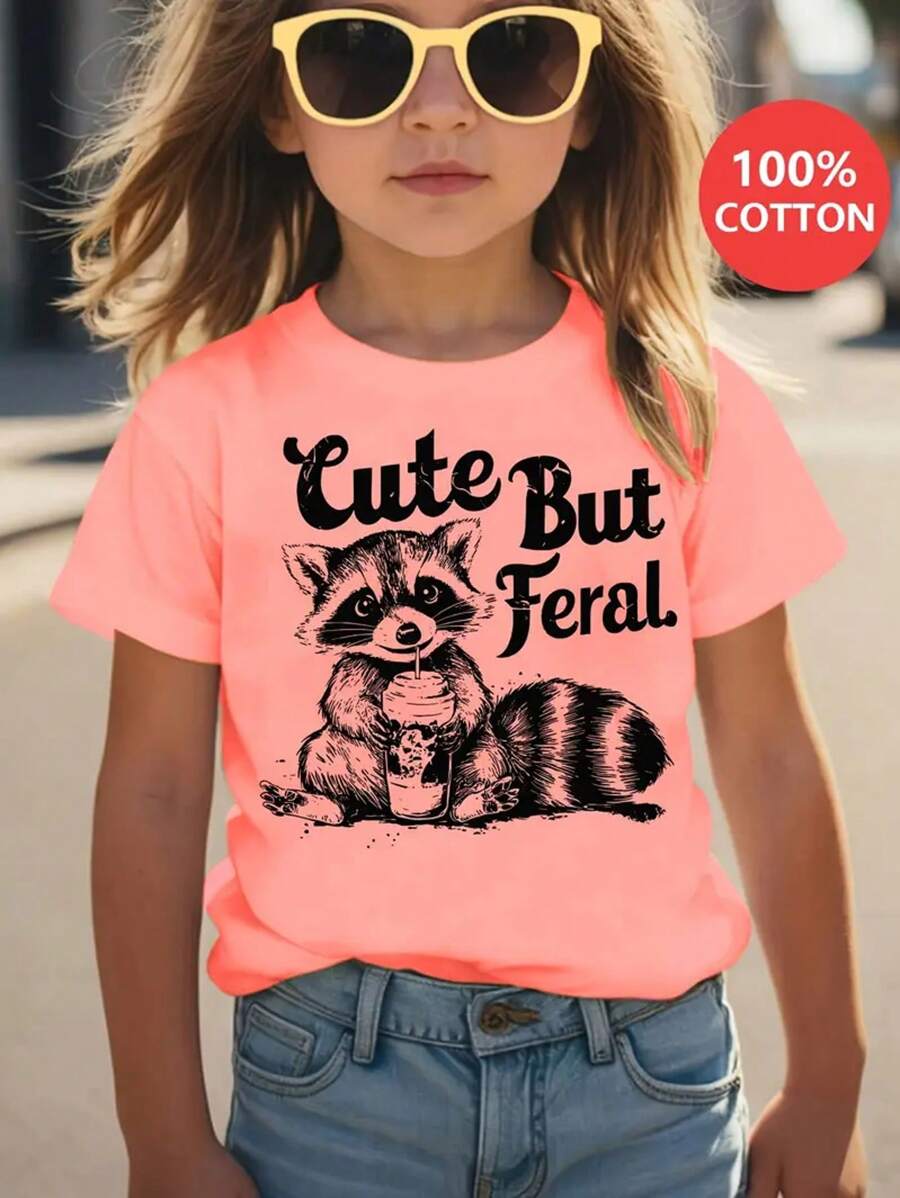 1pc ' Cute Raccoon & Milk Tea Graphic Cotton T-Shirt - "Cute But Feral" Letter Print, Short Sleeve, Round Neck, Casual Summer Top For, Playful Clothing | Fun Fashion | Breathable Fabric