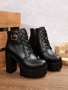 优雅女士高跟踝靴，带搭扣、系带、侧拉链设计，黑色美式风格踝靴，适合日常穿着，四季皆宜。 - 黑色 - 查看 2