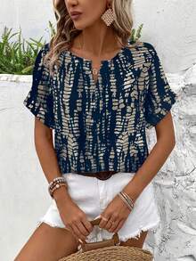 Plus Size Women Casual V-Neck Short Sleeve Allover Print Shirt Vacation - Navy - View 1