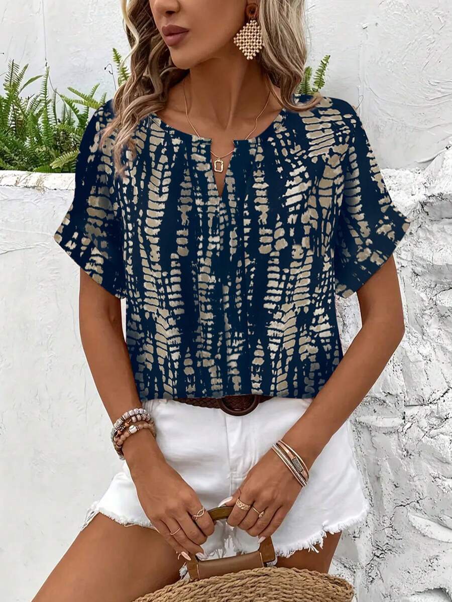 Plus Size Women Casual V-Neck Short Sleeve Allover Print Shirt Vacation - Navy - View 1