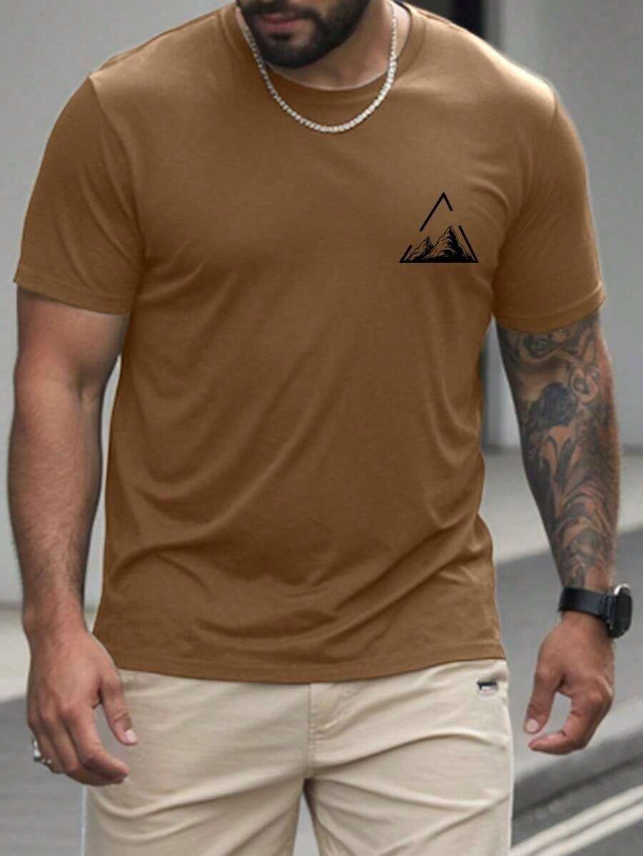 Men's Geometric Mountain Print Casual Short Sleeve T-Shirt Street Fashion - Rust Brown - View 1