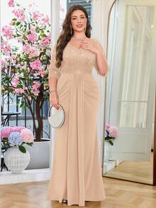 Vestido formal elegante com lantejoulas contrastantes, renda floral, franzido e drapeado na frente, para festa noturna, vestido de outono, vestido de baile para convidada de casamento, para formatura, jantar, festivais