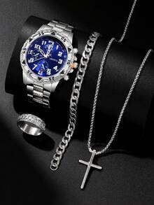 四件套男士时尚商务休闲腕表套装，包含大表盘圆形钢带石英腕表、个性化链式手链、十字架吊坠项链和戒指，适合送礼、各种场合及日常佩戴。 - 銀色 - 查看 4