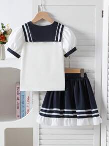 2 Peças Conjunto Camisa com Gola de Marinheiro Listrada e Saia para Meninas Pré-Adolescentes, Conjunto de Roupa Casual Fofa Estilo Escolar