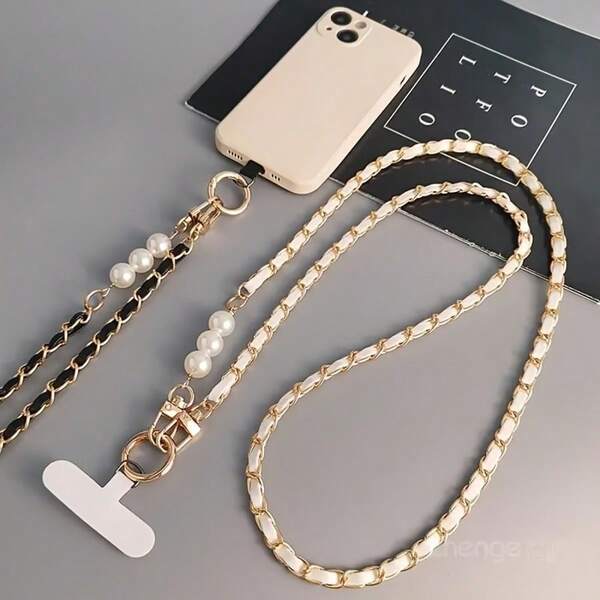 Fashionable Faux Pearl & Faux Leather Crossbody Phone Lanyard - Elegant Shoulder Strap Accessory