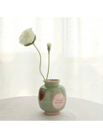 1pc painted Asymmetrical Ceramic Flower Vase, Roze Groen Heart Pattern Home Accessory Room Glass Vase view 6