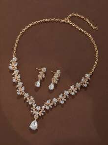 3Pcs/Set Fashion Luxury Bridal Rhinestone Necklace Earrings Set Decoration , Elegant Style Full Diamond V-Neck Teardrop Pendant Set , Ladies Engagement Wedding Jewellery Gift - 套裝 - 查看 10