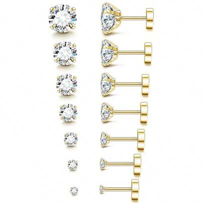 14Pcs 20G Hypoallergenic Flat Back Earrings For Women Men Surgical Stainless Steel Stud Earrings Brithstone Cubic Zirconia Studs Cartilage Earrings For Sensitive Ears 2MM-8MM