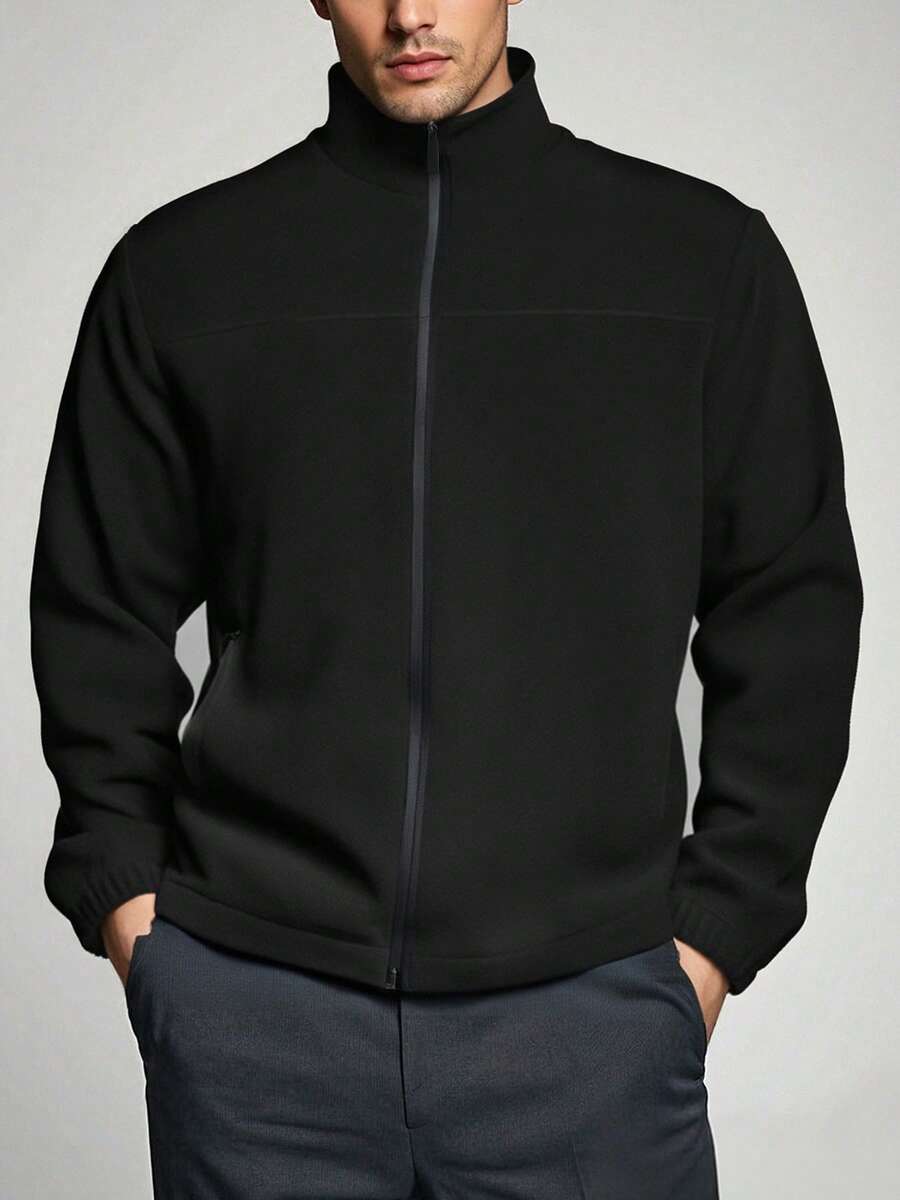 1 件男士休闲飞行员夹克，时尚飞行员夹克外套，户外拉链立领上衣，适合春秋冬 - 黑色 - 查看 1