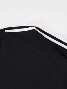 Shwiy Men's Fashionable Casual Sports Italian Text & National Flag Print Long Sleeve T-Shirt With Black Stripes, Suitable For School, Daily Wear, Streetwear - Black - View 4