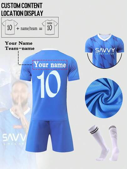 [Custom Product] Personalized Name Customized 2-Piece Set, 2025 New Style Riyadh Crescent #10 Boys' Suit, Football Jersey Set, Round Neck Top And Shorts, Suitable For Children's Sportswear Set, Training And Casual Wear, Outdoor Perfect Choice