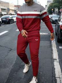 2pcs Men's Casual Striped Print Crew Neck Sweatshirt And Sweatpants Sports Suit, Streetwear Sports Casual Outfit Suitable For Outdoor Activities, Spring Season , Fall Clothes