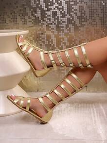 女士夏季时尚纯色奢华优雅拉链后跟镂空平底凉鞋，户外罗马风休闲舒适凉鞋，沙滩鞋 - 金色 - 查看 5