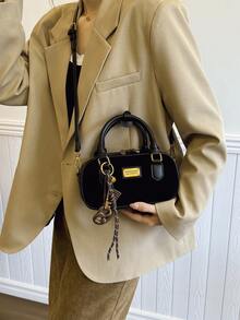 女士复古保龄球包，新款时尚斜挎包，高端质感，工作用手提单肩包 - 黑色 - 查看 3