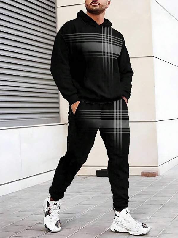 Conjunto de sudadera con capucha y pantalón jogger a rayas negras y grises, sudadera con capucha casual y conjunto de pantalones, conjunto de chándal minimalista y de moda para hombre