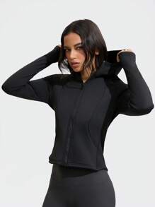 女士秋冬瑜伽外套，运动跑步骑行外套，保暖长袖健身拇指孔外套，拉链上衣，抓绒 - 黑色 - 查看 15