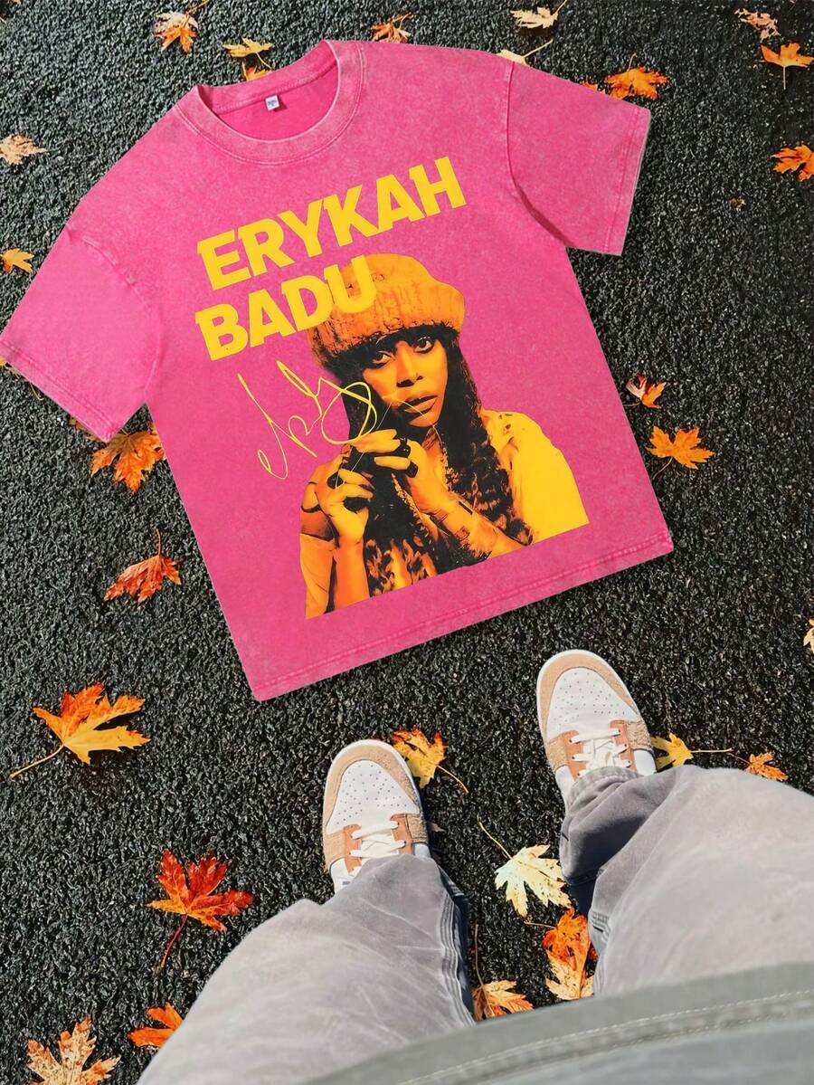EWH 100% Pure Cotton, Make Old,Retro , Erykah Badu Character Print Vintage Casual Crewneck Top Women's Distressed Cotton T-Shirt,DG004, 230g Round-Neck T-Shirt, Wash Water, Unisex - 玫紅色 - 查看 1