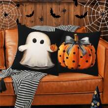 4pcs Halloween Pillow Covers, Happy Halloween Ghost & Pumpkin Design, Cartoon Peach Velvet Single-Sided Printed Cushion Covers With Zipper Closure, No Pillow Insert Included, Halloween Home Decor, Suitable For Home, Living Room, Sofa, Bed, 18 X 18 Inches - Multicolor - View 7