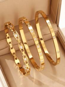 3 قطع / 1 قطعة سوار مطلي بالذهب الأصفر عيار 18 قيراط من الفولاذ المقاوم للصدأ على شكل رباعي ورقة البرسيم، مناسب للحفلات والاستخدام اليومي للنساء، بأسلوب أوروبي وأمريكي، شخصي، سخي، سوار فاخر مرصع بالزركونيا المكعبة، طقم مجوهرات زفاف، هدية للبنات والنساء والأقارب والأصدقاء، للزفاف والعيد والعيد الحب