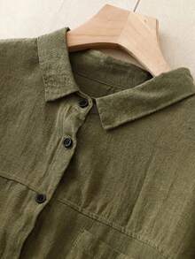 Plus Size Button Front Long Sleeve Woven Casual Shirt, Regular Fit - Army Green - View 3