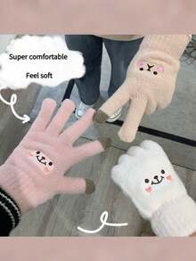Winter New Women's Mink Wool Knitted Embroidery Cute Finger Touch Screen Smiling Gloves For Warmth And Cold Protection