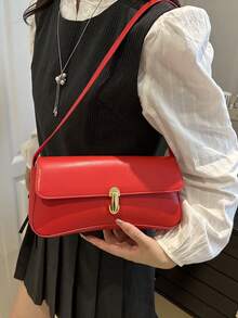 Fashionable, Minimalist, Casual PU Flap Underarm Bag. Suitable For Shopping, Wallet, Student, Young Women, Career Women. Ideal For Office, University, Work, Business, Commuting, Outdoor Activities, Travel And Picnic. Vintage Faux Oilskin Flap Decor Women's Shoulder Underarm Bag, Suitable For Dates, Outings, Gatherings - Red - View 6