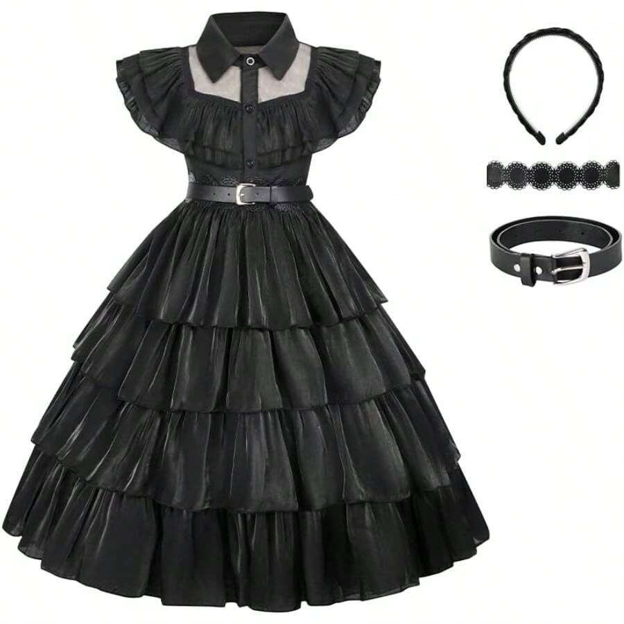 TTIAOYU Wednesday Addams Costume Girls Dress Up For Kids Toddler Family Princess Merlina Cosplay Party Dress - 白色 - 查看 1